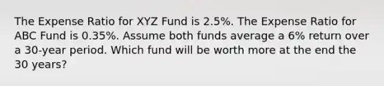 The Expense Ratio for XYZ Fund is 2.5%. The Expense Ratio for ABC Fund is 0.35%. Assume both funds average a 6% return over a 30-year period. Which fund will be worth more at the end the 30 years?