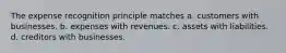 The expense recognition principle matches a. customers with businesses. b. expenses with revenues. c. assets with liabilities. d. creditors with businesses.