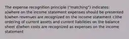 The expense recognition principle ("matching") indicates: a)where on the income statement expenses should be presented b)when revenues are recognized on the income statement c)the ordering of current assets and current liabilities on the balance sheet d)when costs are recognized as expenses on the income statement