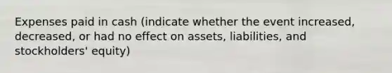 Expenses paid in cash (indicate whether the event increased, decreased, or had no effect on assets, liabilities, and stockholders' equity)