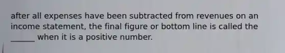 after all expenses have been subtracted from revenues on an income statement, the final figure or bottom line is called the ______ when it is a positive number.