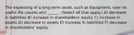 The expensing of a long-term asset, such as Equipment, over its useful life causes a(n) ______. (Select all that apply.) A) decrease in liabilities B) increase in shareholders' equity C) increase in assets D) decrease in assets E) increase in liabilities F) decrease in shareholders' equity