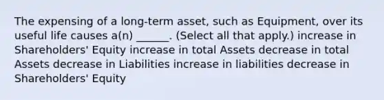 The expensing of a long-term asset, such as Equipment, over its useful life causes a(n) ______. (Select all that apply.) increase in Shareholders' Equity increase in total Assets decrease in total Assets decrease in Liabilities increase in liabilities decrease in Shareholders' Equity