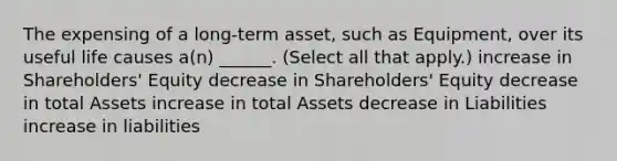 The expensing of a long-term asset, such as Equipment, over its useful life causes a(n) ______. (Select all that apply.) increase in Shareholders' Equity decrease in Shareholders' Equity decrease in total Assets increase in total Assets decrease in Liabilities increase in liabilities