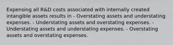 Expensing all R&D costs associated with internally created intangible assets results in - Overstating assets and understating expenses. - Understating assets and overstating expenses. - Understating assets and understating expenses. - Overstating assets and overstating expenses.