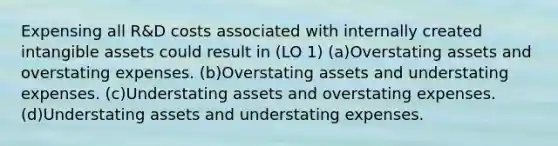 Expensing all R&D costs associated with internally created intangible assets could result in (LO 1) (a)Overstating assets and overstating expenses. (b)Overstating assets and understating expenses. (c)Understating assets and overstating expenses. (d)Understating assets and understating expenses.