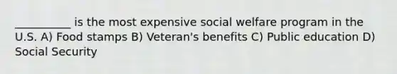 __________ is the most expensive social welfare program in the U.S. A) Food stamps B) Veteran's benefits C) Public education D) Social Security