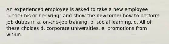 An experienced employee is asked to take a new employee "under his or her wing" and show the newcomer how to perform job duties in a. on-the-job training. b. social learning. c. All of these choices d. corporate universities. e. promotions from within.