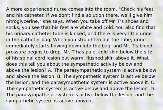 A more experienced nurse comes into the room. "Check his feet and his catheter. If we don't find a solution there, we'll give him nitroglycerine," she says. When you take off Mr. T's shoes and socks, you see that his feet are white and cold. You also find that his urinary catheter tube is kinked, and there is very little urine in the catheter bag. When you straighten out the tube, urine immediately starts flowing down into the bag, and Mr. T's blood pressure begins to drop. Mr. T has pale, cold skin below the site of his spinal cord lesion but warm, flushed skin above it. What does this tell you about the sympathetic activity below and above the lesion? A. The parasympathetic system is active below and above the lesion. B. The sympathetic system is active below the lesion, and the parasympathetic system is active above it. C. The sympathetic system is active below and above the lesion. D. The parasympathetic system is active below the lesion, and the sympathetic system is active above it.