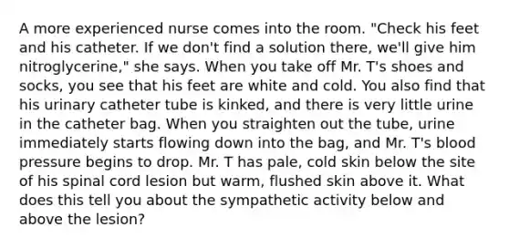 A more experienced nurse comes into the room. "Check his feet and his catheter. If we don't find a solution there, we'll give him nitroglycerine," she says. When you take off Mr. T's shoes and socks, you see that his feet are white and cold. You also find that his urinary catheter tube is kinked, and there is very little urine in the catheter bag. When you straighten out the tube, urine immediately starts flowing down into the bag, and Mr. T's blood pressure begins to drop. Mr. T has pale, cold skin below the site of his spinal cord lesion but warm, flushed skin above it. What does this tell you about the sympathetic activity below and above the lesion?