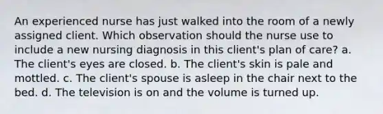 An experienced nurse has just walked into the room of a newly assigned client. Which observation should the nurse use to include a new nursing diagnosis in this client's plan of care? a. The client's eyes are closed. b. The client's skin is pale and mottled. c. The client's spouse is asleep in the chair next to the bed. d. The television is on and the volume is turned up.