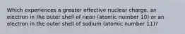 Which experiences a greater effective nuclear charge, an electron in the outer shell of neon (atomic number 10) or an electron in the outer shell of sodium (atomic number 11)?