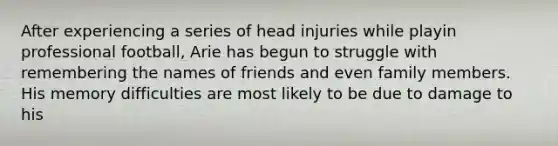 After experiencing a series of head injuries while playin professional football, Arie has begun to struggle with remembering the names of friends and even family members. His memory difficulties are most likely to be due to damage to his