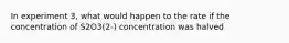 In experiment 3, what would happen to the rate if the concentration of S2O3(2-) concentration was halved