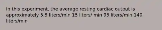 In this experiment, the average resting cardiac output is approximately 5.5 liters/min 15 liters/ min 95 liters/min 140 liters/min