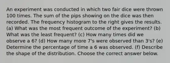 An experiment was conducted in which two fair dice were thrown 100 times. The sum of the pips showing on the dice was then recorded. The frequency histogram to the right gives the results. (a) What was the most frequent outcome of the​ experiment? (b) What was the least​ frequent? ​(c) How many times did we observe a 6​? ​(d) How many more 7​'s were observed than 3​'s? ​(e) Determine the percentage of time a 6 was observed. ​(f) Describe the shape of the distribution. Choose the correct answer below.