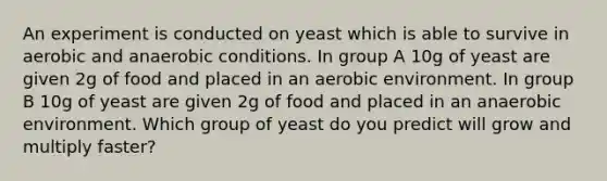 An experiment is conducted on yeast which is able to survive in aerobic and anaerobic conditions. In group A 10g of yeast are given 2g of food and placed in an aerobic environment. In group B 10g of yeast are given 2g of food and placed in an anaerobic environment. Which group of yeast do you predict will grow and multiply faster?