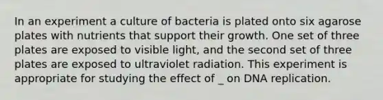 In an experiment a culture of bacteria is plated onto six agarose plates with nutrients that support their growth. One set of three plates are exposed to visible light, and the second set of three plates are exposed to ultraviolet radiation. This experiment is appropriate for studying the effect of _ on DNA replication.