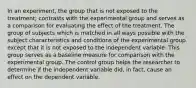 In an experiment, the group that is not exposed to the treatment; contrasts with the experimental group and serves as a comparison for evaluating the effect of the treatment. The group of subjects which is matched in all ways possible with the subject characteristics and conditions of the experimental group except that it is not exposed to the independent variable. This group serves as a baseline measure for comparison with the experimental group. The control group helps the researcher to determine if the independent variable did, in fact, cause an effect on the dependent variable.