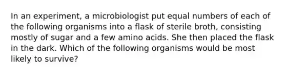 In an experiment, a microbiologist put equal numbers of each of the following organisms into a flask of sterile broth, consisting mostly of sugar and a few amino acids. She then placed the flask in the dark. Which of the following organisms would be most likely to survive?