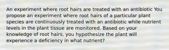 An experiment where root hairs are treated with an antibiotic You propose an experiment where root hairs of a particular plant species are continuously treated with an antibiotic while nutrient levels in the plant tissue are monitored. Based on your knowledge of root hairs, you hypothesize the plant will experience a deficiency in what nutrient?