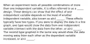 When an experiment tests all possible combinations of more than one independent variable, it is often referred to as a _____ design. These designs can show that the effect of one independent variable depends on the level of another independent variable, also known as a(n) ______. These effects typically have two types. If you were to display the data in a line graph, one type would show the data from one independent variable intersect with the data from the other, or a(n) ______. The second type graphed in the same way would show the data moving away from each other as the dependent variable increased, or a(n) ______.