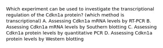 Which experiment can be used to investigate the transcriptional regulation of the Cdkn1a protein? (which method is transcriptional) A. Assessing Cdkn1a mRNA levels by RT-PCR B. Assessing Cdkn1a mRNA levels by Southern blotting C. Assessing Cdkn1a protein levels by quantitative PCR D. Assessing Cdkn1a protein levels by Western blotting