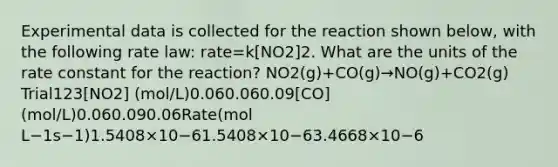 Experimental data is collected for the reaction shown below, with the following rate law: rate=k[NO2]2. What are the units of the rate constant for the reaction? NO2(g)+CO(g)→NO(g)+CO2(g) Trial123[NO2] (mol/L)0.060.060.09[CO] (mol/L)0.060.090.06Rate(mol L−1s−1)1.5408×10−61.5408×10−63.4668×10−6