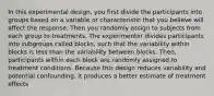 In this experimental design, you first divide the participants into groups based on a variable or characteristic that you believe will affect the response. Then you randomly assign to subjects from each group to treatments. The experimenter divides participants into subgroups called blocks, such that the variability within blocks is less than the variability between blocks. Then, participants within each block are randomly assigned to treatment conditions. Because this design reduces variability and potential confounding, it produces a better estimate of treatment effects