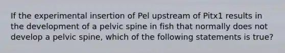 If the experimental insertion of Pel upstream of Pitx1 results in the development of a pelvic spine in fish that normally does not develop a pelvic spine, which of the following statements is true?