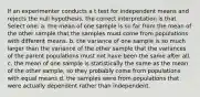 If an experimenter conducts a t test for independent means and rejects the null hypothesis, the correct interpretation is that Select one: a. the mean of one sample is so far from the mean of the other sample that the samples must come from populations with different means. b. the variance of one sample is so much larger than the variance of the other sample that the variances of the parent populations must not have been the same after all. c. the mean of one sample is statistically the same as the mean of the other sample, so they probably come from populations with equal means d. the samples were from populations that were actually dependent rather than independent.