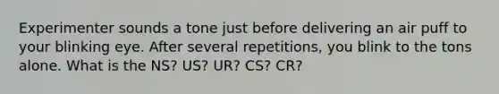 Experimenter sounds a tone just before delivering an air puff to your blinking eye. After several repetitions, you blink to the tons alone. What is the NS? US? UR? CS? CR?