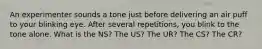 An experimenter sounds a tone just before delivering an air puff to your blinking eye. After several repetitions, you blink to the tone alone. What is the NS? The US? The UR? The CS? The CR?