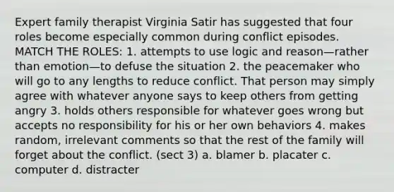 Expert family therapist Virginia Satir has suggested that four roles become especially common during conflict episodes. MATCH THE ROLES: 1. attempts to use logic and reason—rather than emotion—to defuse the situation 2. the peacemaker who will go to any lengths to reduce conflict. That person may simply agree with whatever anyone says to keep others from getting angry 3. holds others responsible for whatever goes wrong but accepts no responsibility for his or her own behaviors 4. makes random, irrelevant comments so that the rest of the family will forget about the conflict. (sect 3) a. blamer b. placater c. computer d. distracter