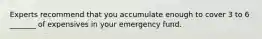 Experts recommend that you accumulate enough to cover 3 to 6 _______ of expensives in your emergency fund.