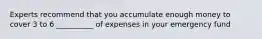 Experts recommend that you accumulate enough money to cover 3 to 6 __________ of expenses in your emergency fund