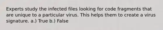 Experts study the infected files looking for code fragments that are unique to a particular virus. This helps them to create a virus signature. a.) True b.) False