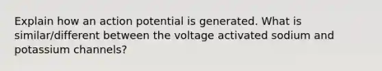 Explain how an action potential is generated. What is similar/different between the voltage activated sodium and potassium channels?