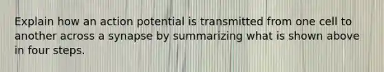 Explain how an action potential is transmitted from one cell to another across a synapse by summarizing what is shown above in four steps.