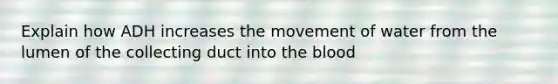 Explain how ADH increases the movement of water from the lumen of the collecting duct into the blood