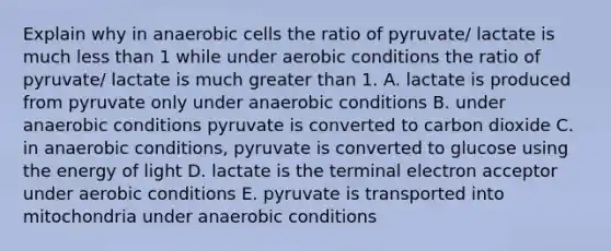 Explain why in anaerobic cells the ratio of pyruvate/ lactate is much less than 1 while under aerobic conditions the ratio of pyruvate/ lactate is much greater than 1. A. lactate is produced from pyruvate only under anaerobic conditions B. under anaerobic conditions pyruvate is converted to carbon dioxide C. in anaerobic conditions, pyruvate is converted to glucose using the energy of light D. lactate is the terminal electron acceptor under aerobic conditions E. pyruvate is transported into mitochondria under anaerobic conditions