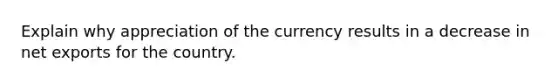 Explain why appreciation of the currency results in a decrease in net exports for the country.