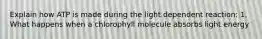 Explain how ATP is made during the light dependent reaction: 1. What happens when a chlorophyll molecule absorbs light energy