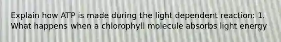 Explain how ATP is made during the light dependent reaction: 1. What happens when a chlorophyll molecule absorbs light energy