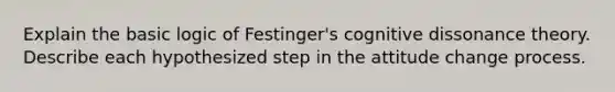 Explain the basic logic of Festinger's cognitive dissonance theory. Describe each hypothesized step in the attitude change process.