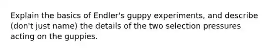 Explain the basics of Endler's guppy experiments, and describe (don't just name) the details of the two selection pressures acting on the guppies.