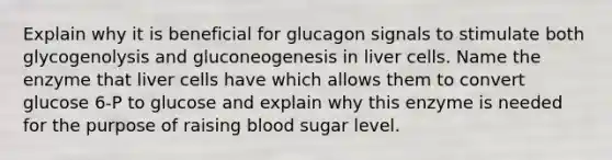 Explain why it is beneficial for glucagon signals to stimulate both glycogenolysis and gluconeogenesis in liver cells. Name the enzyme that liver cells have which allows them to convert glucose 6-P to glucose and explain why this enzyme is needed for the purpose of raising blood sugar level.