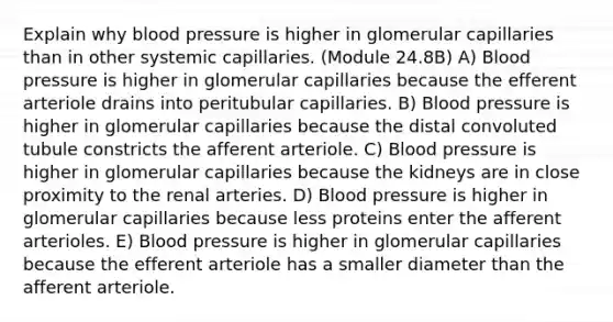 Explain why blood pressure is higher in glomerular capillaries than in other systemic capillaries. (Module 24.8B) A) Blood pressure is higher in glomerular capillaries because the efferent arteriole drains into peritubular capillaries. B) Blood pressure is higher in glomerular capillaries because the distal convoluted tubule constricts the afferent arteriole. C) Blood pressure is higher in glomerular capillaries because the kidneys are in close proximity to the renal arteries. D) Blood pressure is higher in glomerular capillaries because less proteins enter the afferent arterioles. E) Blood pressure is higher in glomerular capillaries because the efferent arteriole has a smaller diameter than the afferent arteriole.