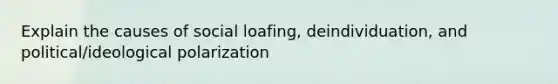 Explain the causes of social loafing, deindividuation, and political/ideological polarization