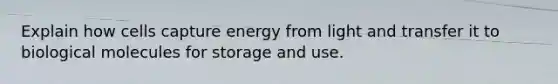 Explain how cells capture energy from light and transfer it to biological molecules for storage and use.